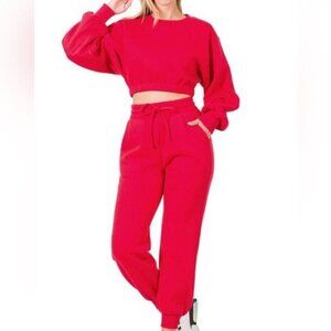 Women's Zenana Three Piece Cropped Sweatsuit Set with Bodysuit - Red